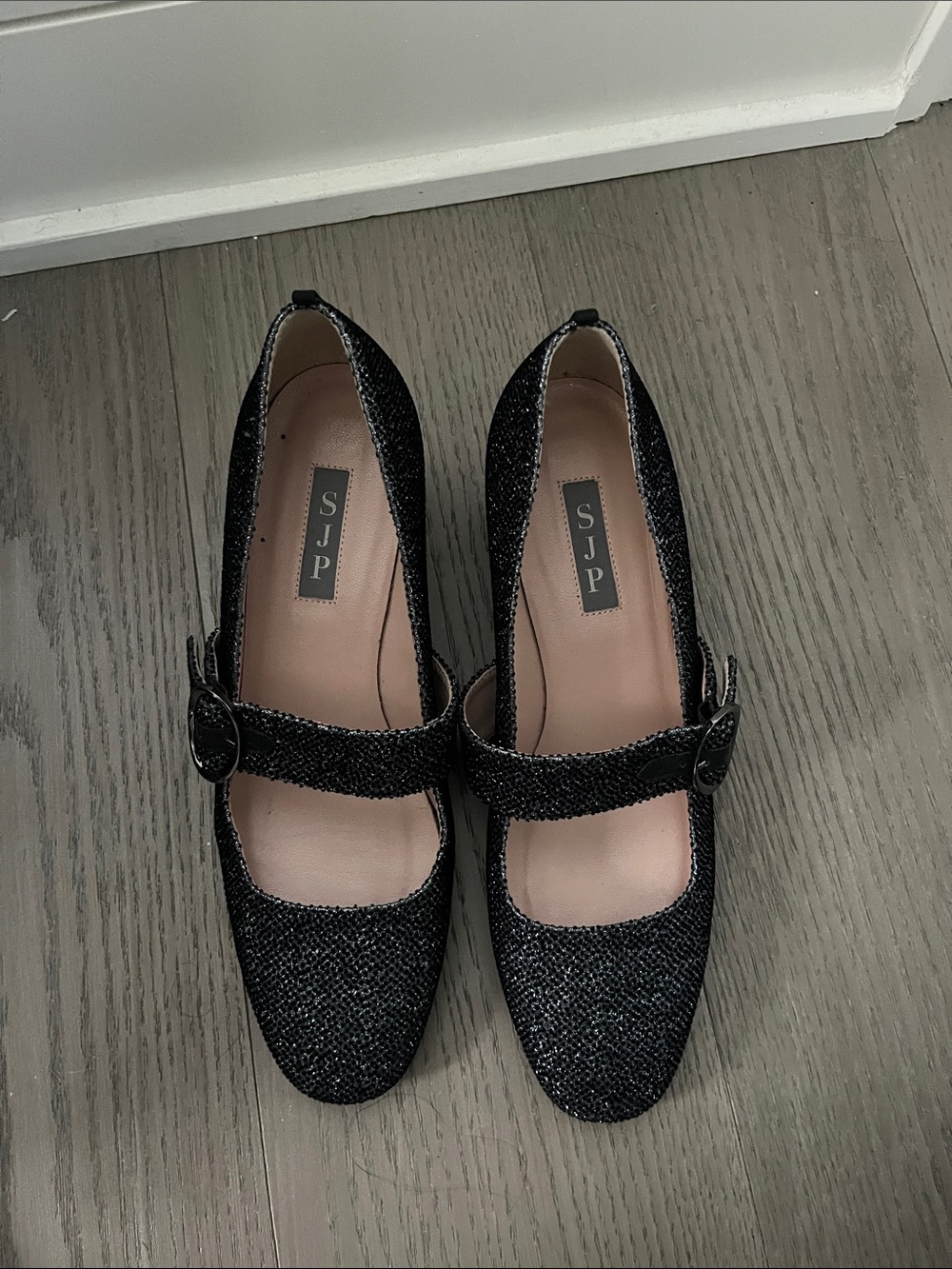 SJP by Sarah Jessica Parker Black Glitter Mary Jane Pumps with Buckle Strap 39